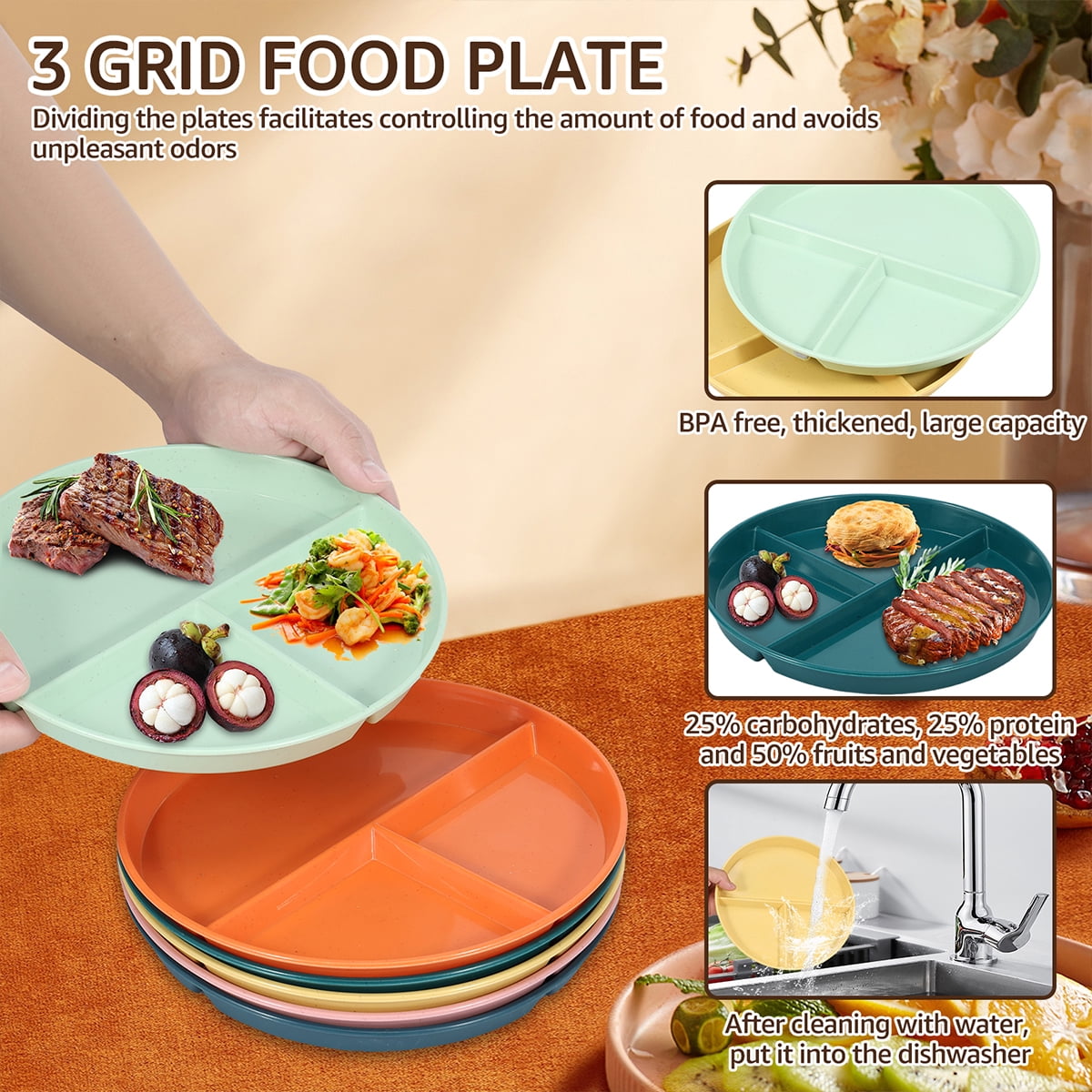 Evjurcn 6Pcs Divided Dinner Plates 3 Compartment Unbreakable Dinner Diet Plates Stackable Portion Control Dish Reusable Divider Plates Microwave Dishwasher Safe for Kids Adults Seniors