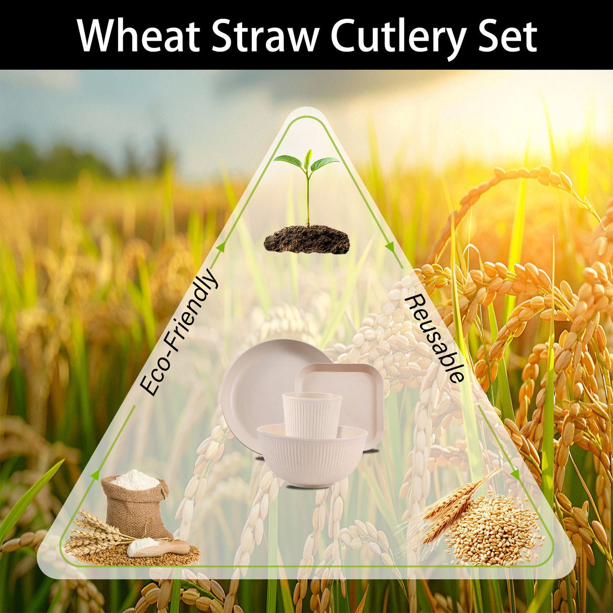 Soulgenix Wheat Straw Dinnerware Set, 48 Piece Plastic Plates and Bowls Sets for Microwave & Dishwasher Safe, Unbreakable Reusable Dish Set for Home, Dorm, Picnic, Black