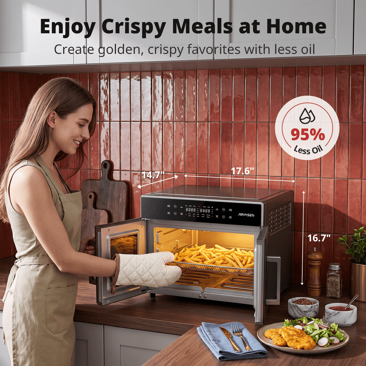 AIRMSEN 32 QT Dual Zone Air Fryer Toaster Oven Combo, 15 PCS Set, French Door Countertop Convection Oven, 1800W, 450°F Max Temp, Touchscreen, 360° Auto Rotisserie Spit, Bake, Broil, Roast