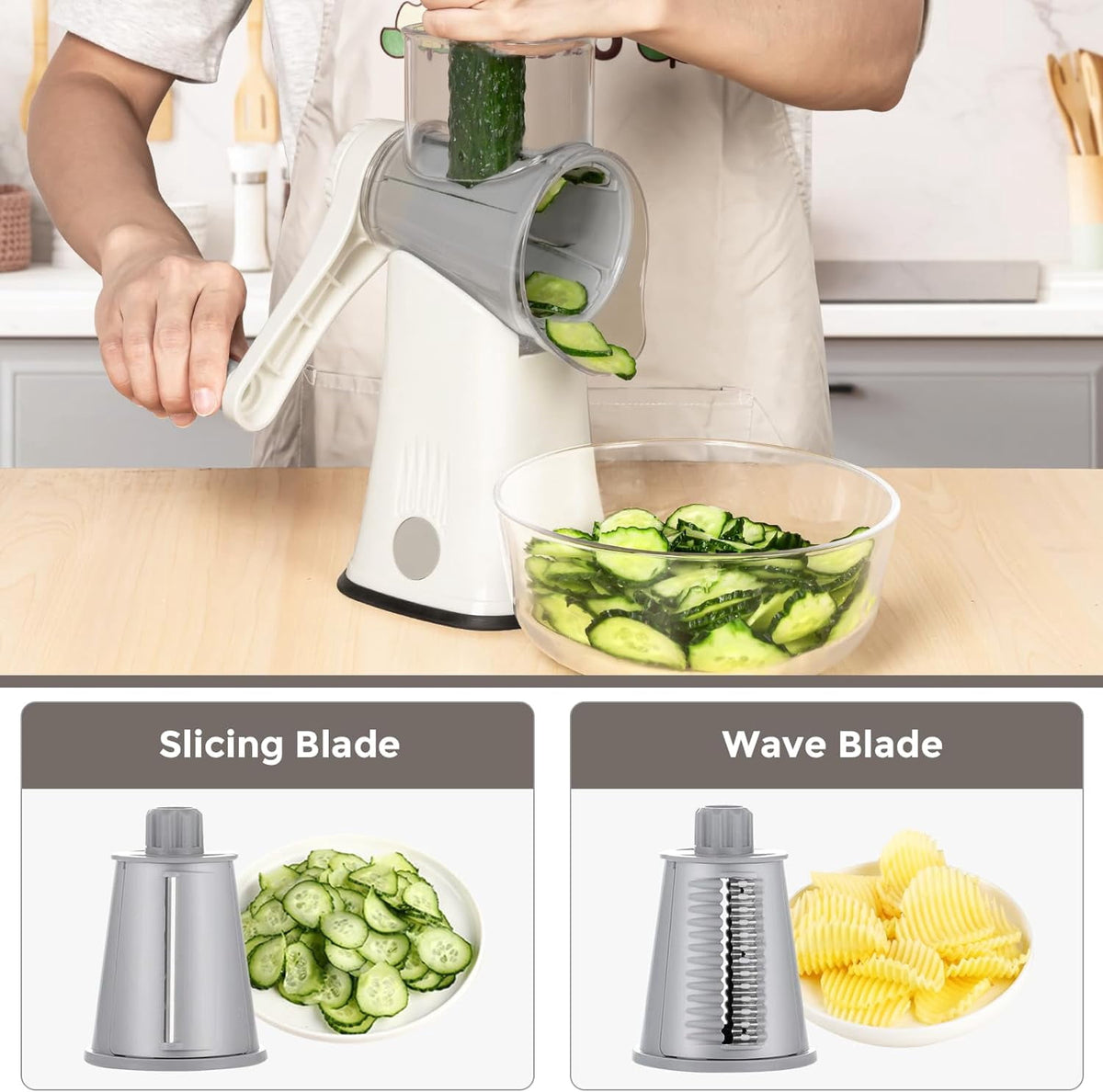 Premium Rotary Cheese Grater, Manual Cheese Grater for Kitchen, Handheld Vegetables Slicer Cheese Shredder with Rubber Suction Base, 3 Stainless Drum Blades Included,Blue