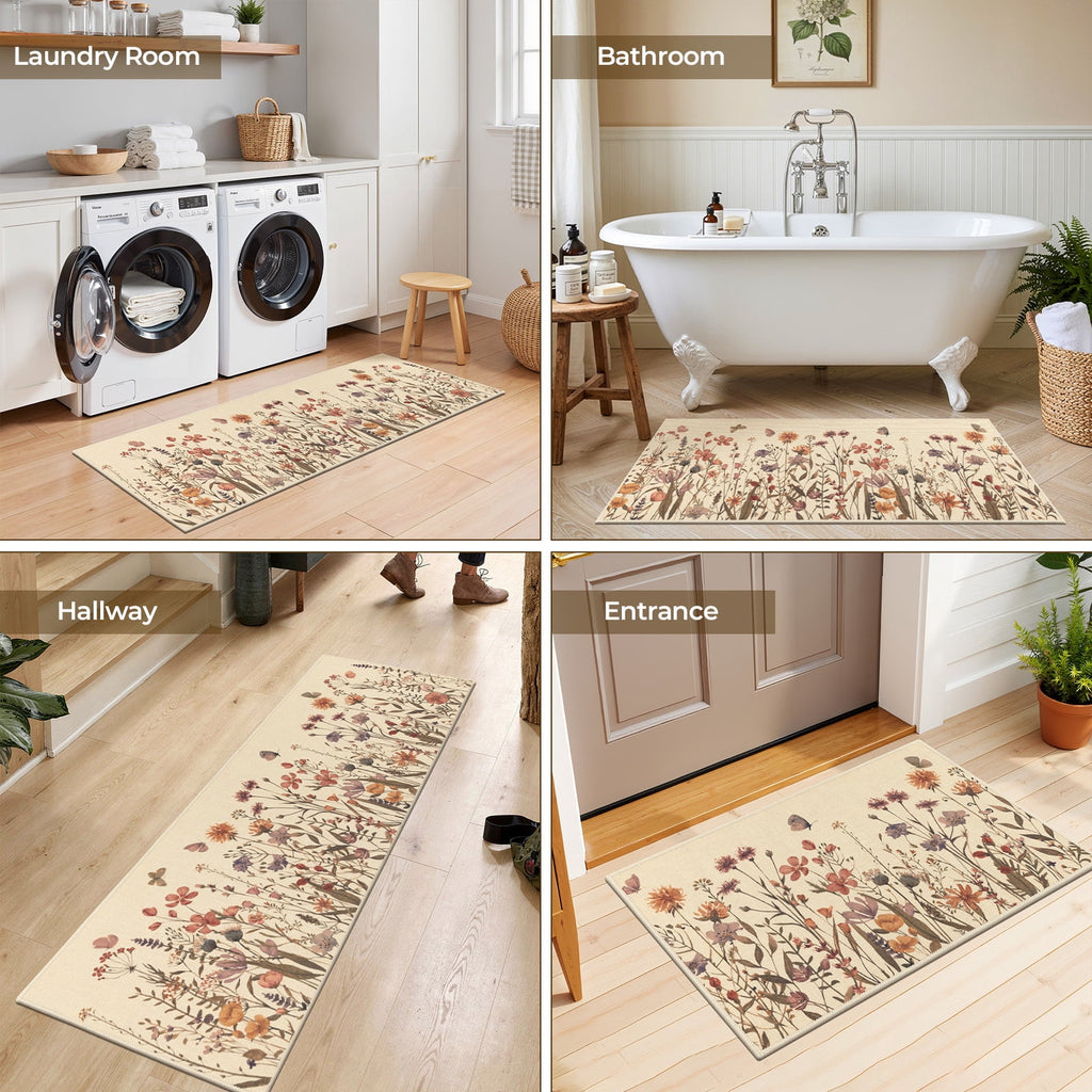 Findosom Floral Non-Slip Kitchen Rugs Set of 3,Washable Kitchen Mat Farmhouse Kitchen Floor Mats Runner for Home Sink Entrance Laundry Hallway,20"x32"+20"x47"+20"x59" Beige