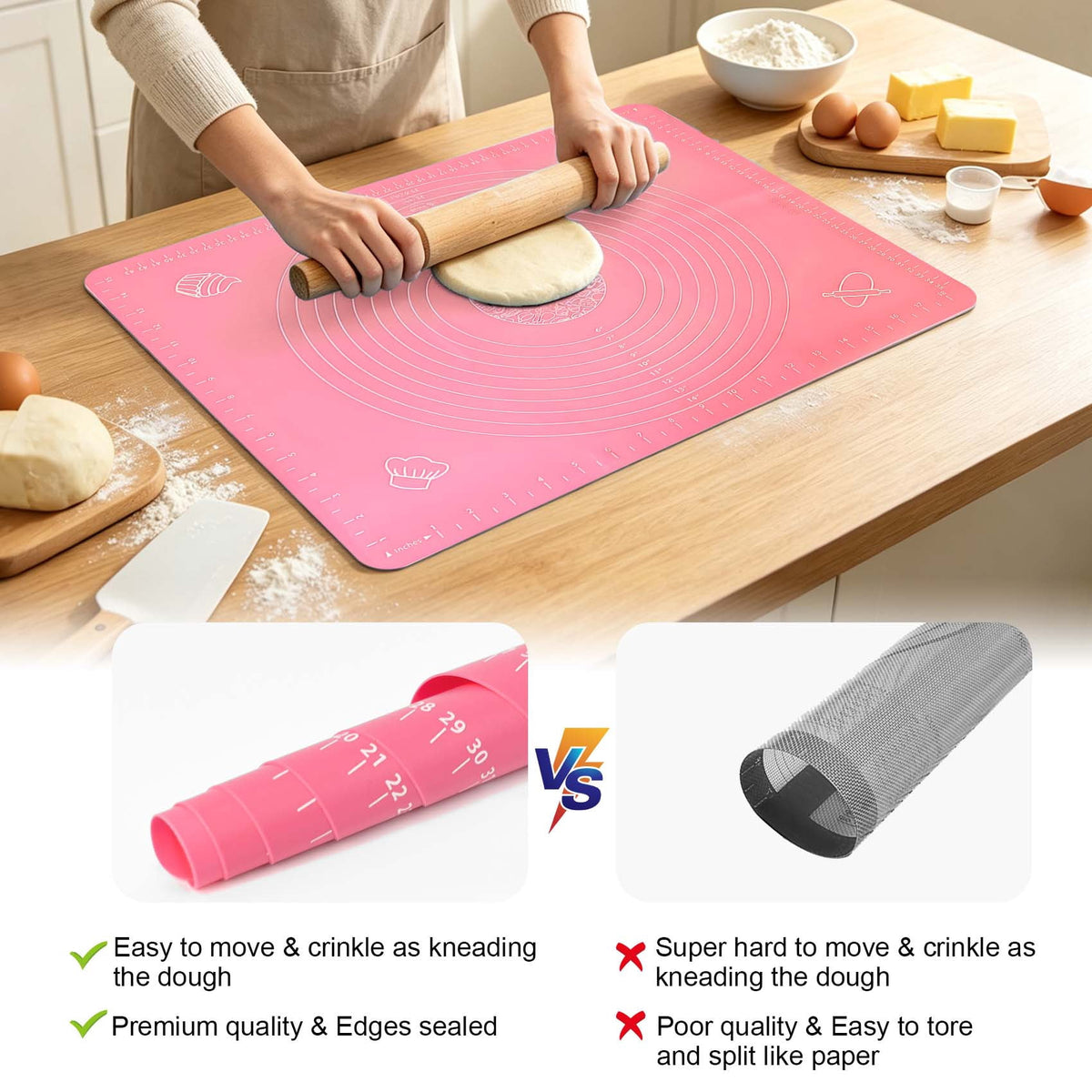 Large Pink Silicone Baking Mat, 25"x18" Non-Stick Pastry Mat with Measurements for Dough, Bread, Baking, Fondant