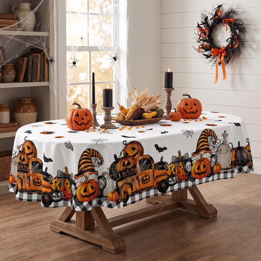 Sm:)e Truck Jack O Lantern Pumpkin Bat Buffalo Plaid Halloween Tablecloth 60 x 84 Inch, Wrinkle-Resistant Table Cover for Dining Decor, Rectangle
