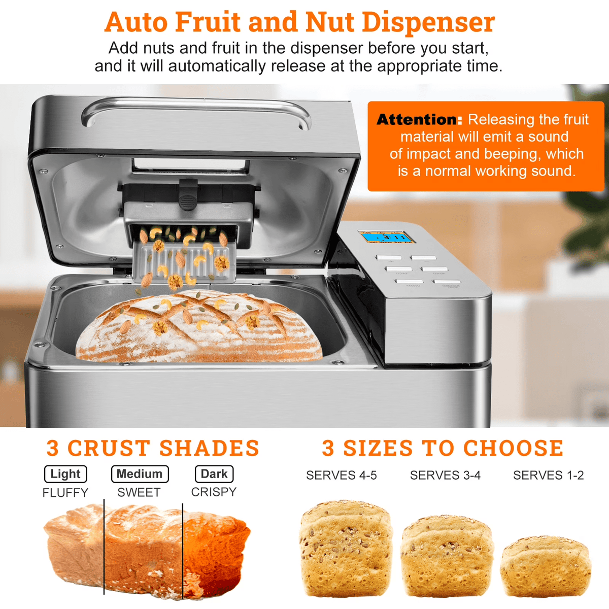 KBS 2lb Bread Maker Machine, 19-in-1 Automatic Bread Maker with Auto Nut Dispenser, Nonstick Pan, 15H Delay Timer, 1H Keep Warm, Stainless Steel