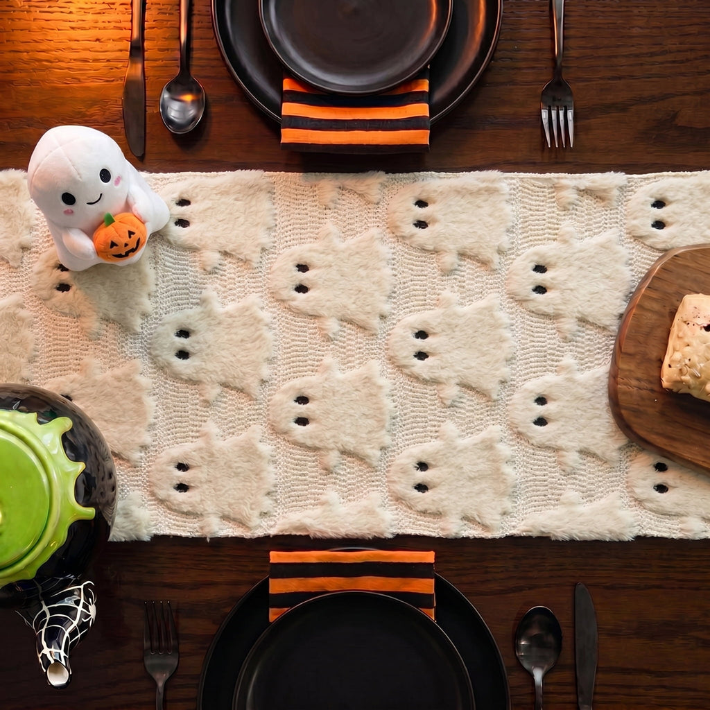 Sm:)e White Ghost Halloween Table Runner 13x72 Inch, Soft Plush Faux Fur Mantel Kitchen Dining Table Decor, Halloween Home Party Decor