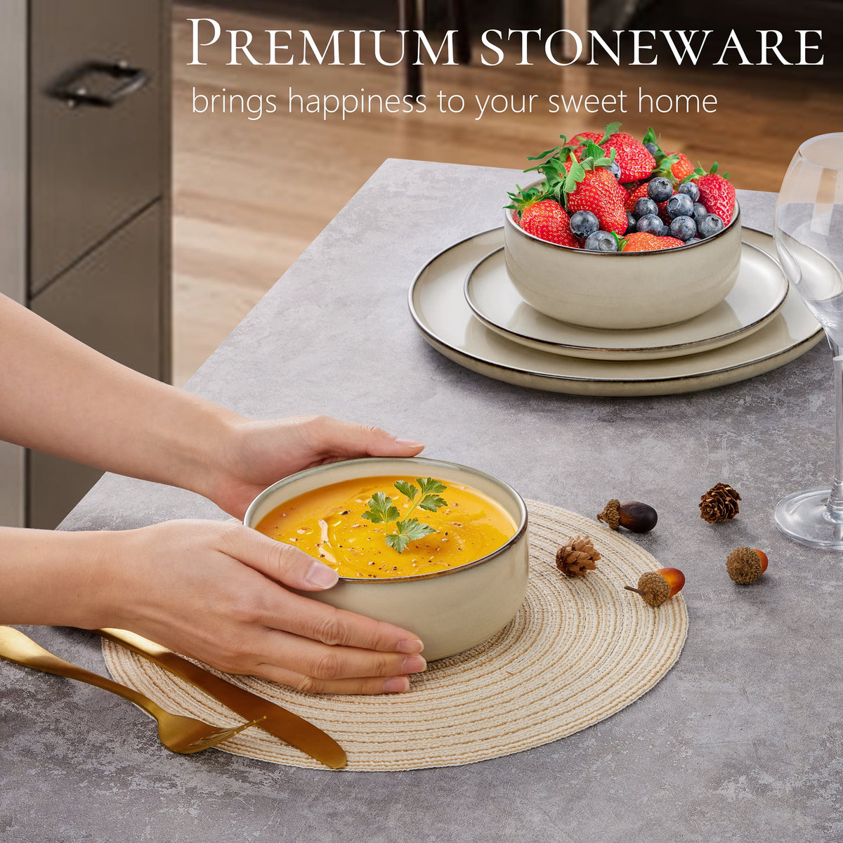 Vesteel Dinnerware Sets for 4, 12-Piece Stoneware Dish and Bowls Set, Handmade Reactive Glaze Coupe Plates Set for Family, Chip & Scratch Resistant - Matte Black