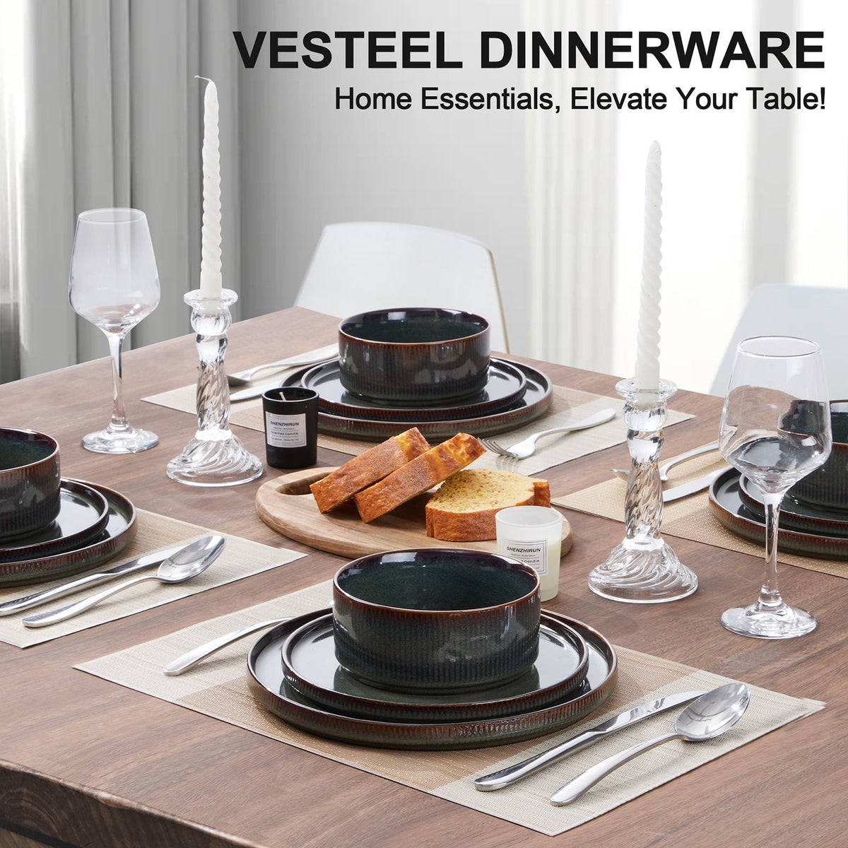 Vesteel 12 Pieces Dinnerware Set for 4, Premium Stoneware Ribbed Dishes, Chip & Scratch Resistant Plates and Bowls Set for Home Restaurant, Microwave and Dishwasher Safe - Speckled White