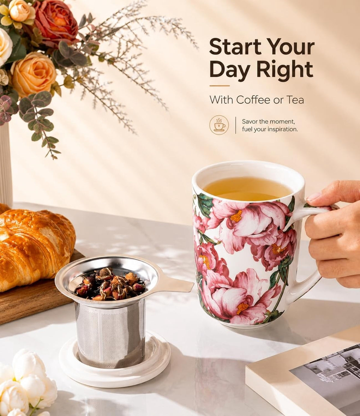 AmorArc Porcelain Tea Mug with Infuser and Lids, 18 Oz Cup Strainer Bag Holder for Loose Leaf Tea, Steeping Coffee Well-wrapped Box House-warming Wedding Birthday Gift, YelloRed