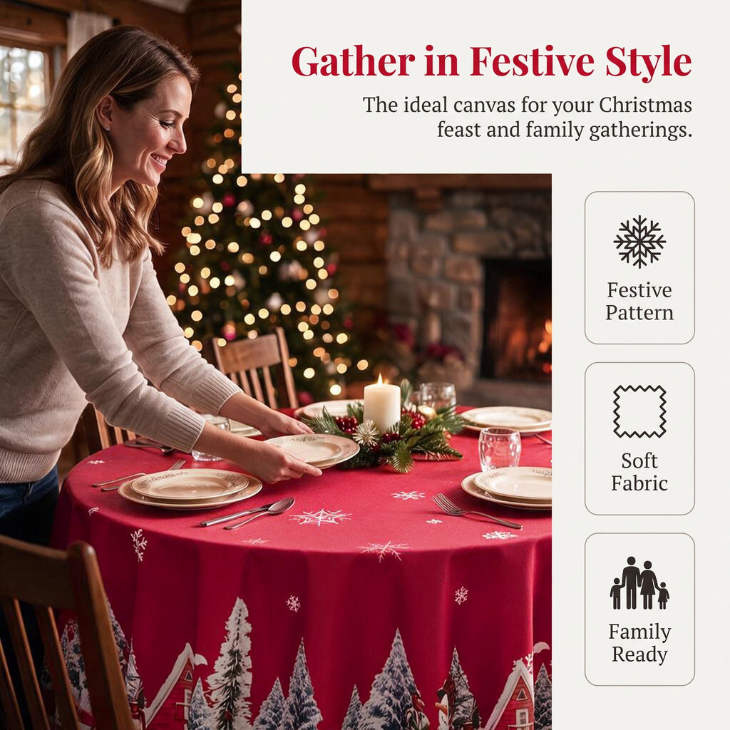 LUSHVIDA Christmas Tablecloth Rectangle, Winter Snowman House Christmas Trees Red Washable Table Cover for Party Picnic Dinner Decor, 60" x 84"