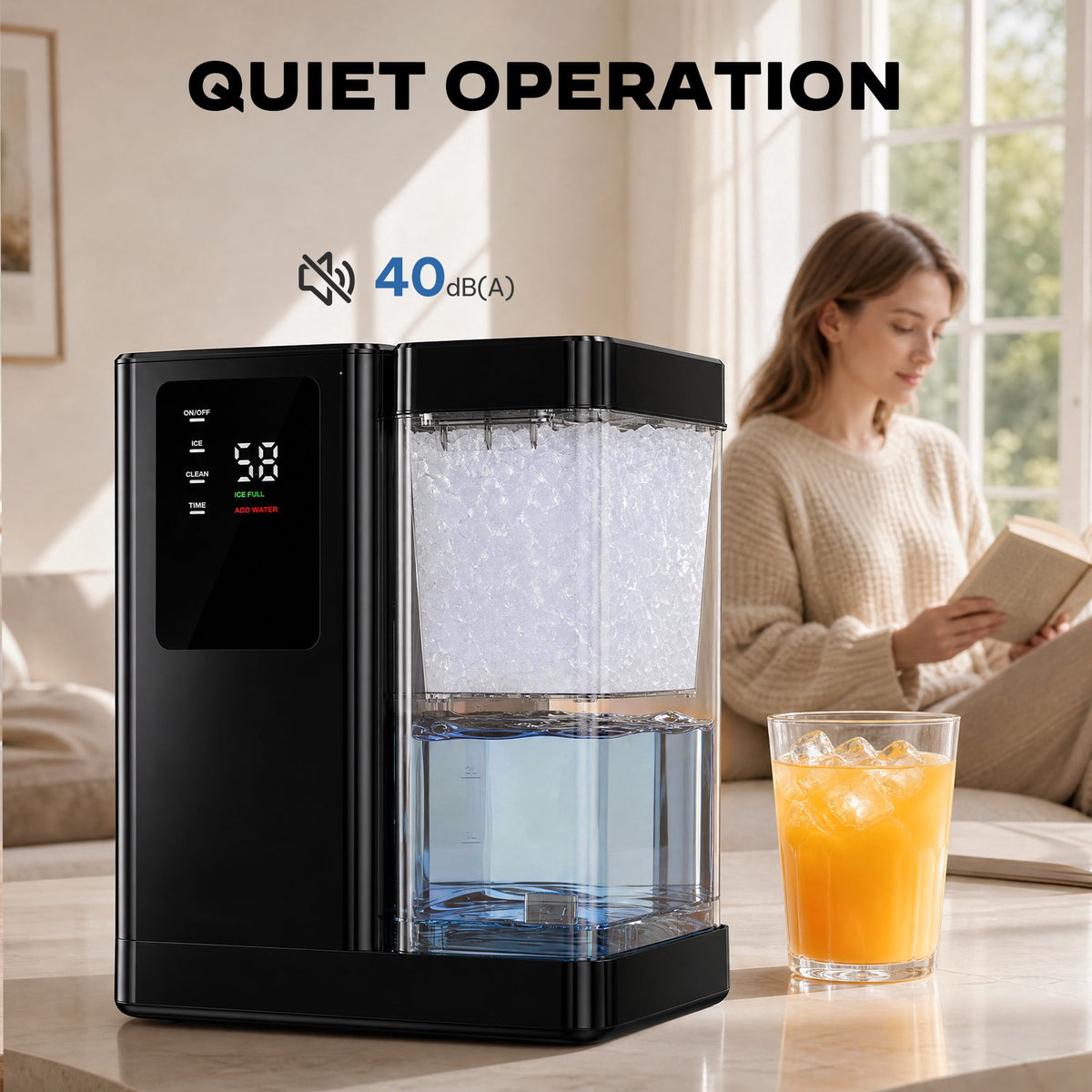 Philergo Nugget Ice Maker Countertop, 40 lbs/24H Pebble Ice Machine with 3L Water Tank, 8-Minute Ice, 1-10H Timer, Self-Cleaning, 40 dB Quiet Operation, Black