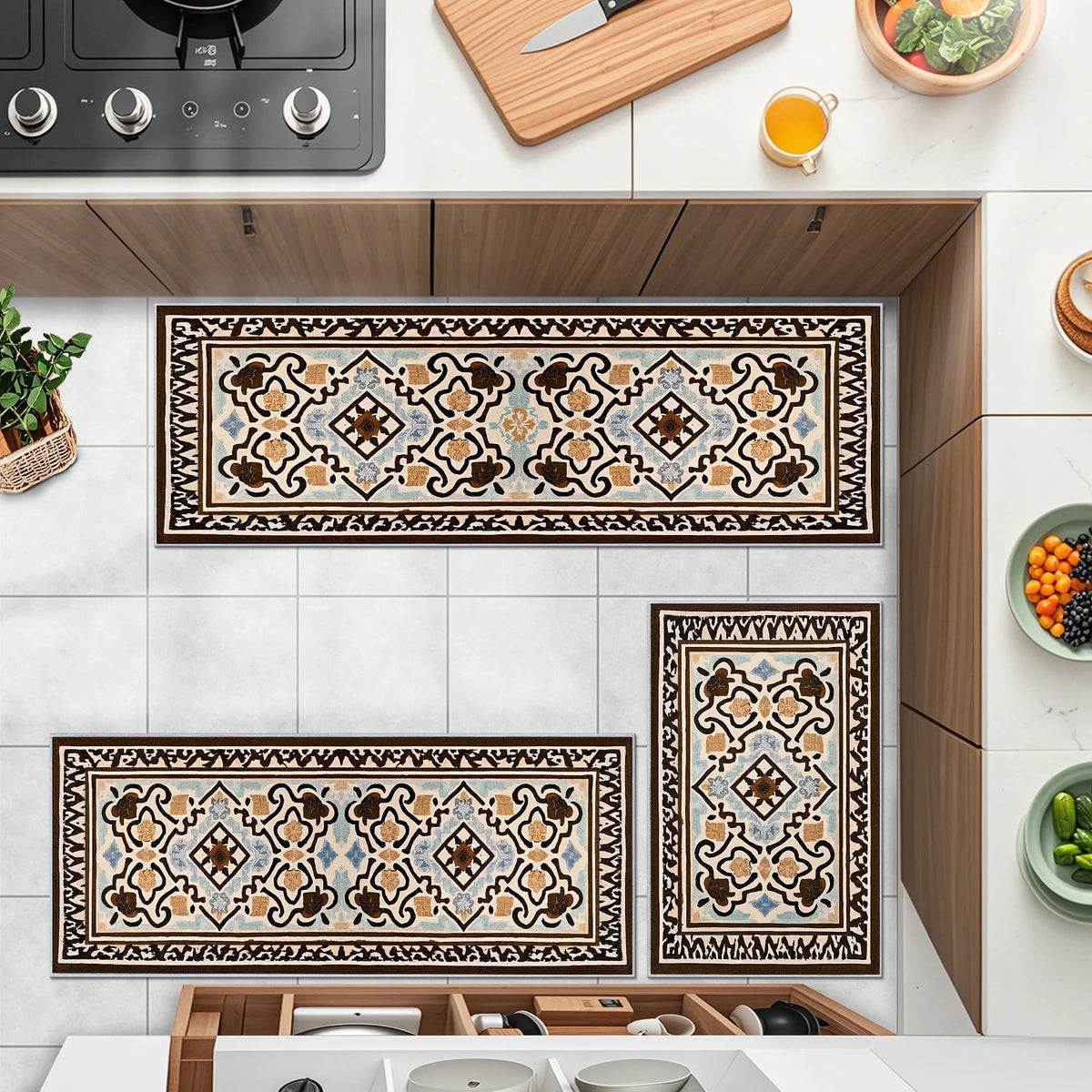 TECHVIDA Kitchen Rug Set 3 Piece,Non Slip Machine Washable Kitchen Mats, Farmhouse Hallway Doormat for Home Floor and Living Room,Gray