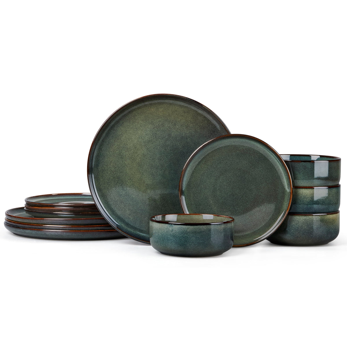 Vesteel Dinnerware Sets for 4, 12-Piece Stoneware Dish and Bowls Set, Handmade Reactive Glaze Coupe Plates Set for Family, Chip & Scratch Resistant - Matte Black