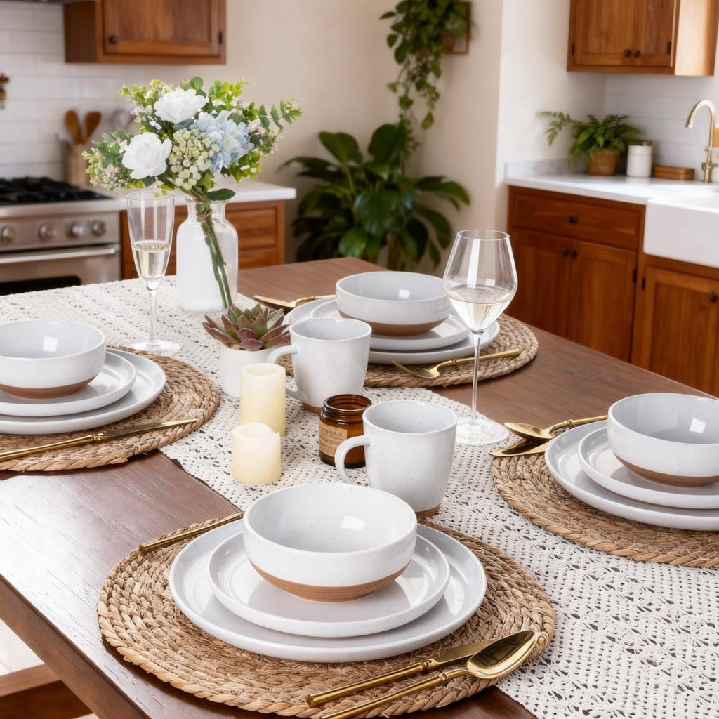 AmorArc Ceramic Dinnerware Sets for 4, 12 Pieces Handpainted Plates and Bowls Set with Rustic Terracotta Underside, Scratch Resistant Stoneware Dishes Set, Dishwasher & Microwave Safe,Light Beige