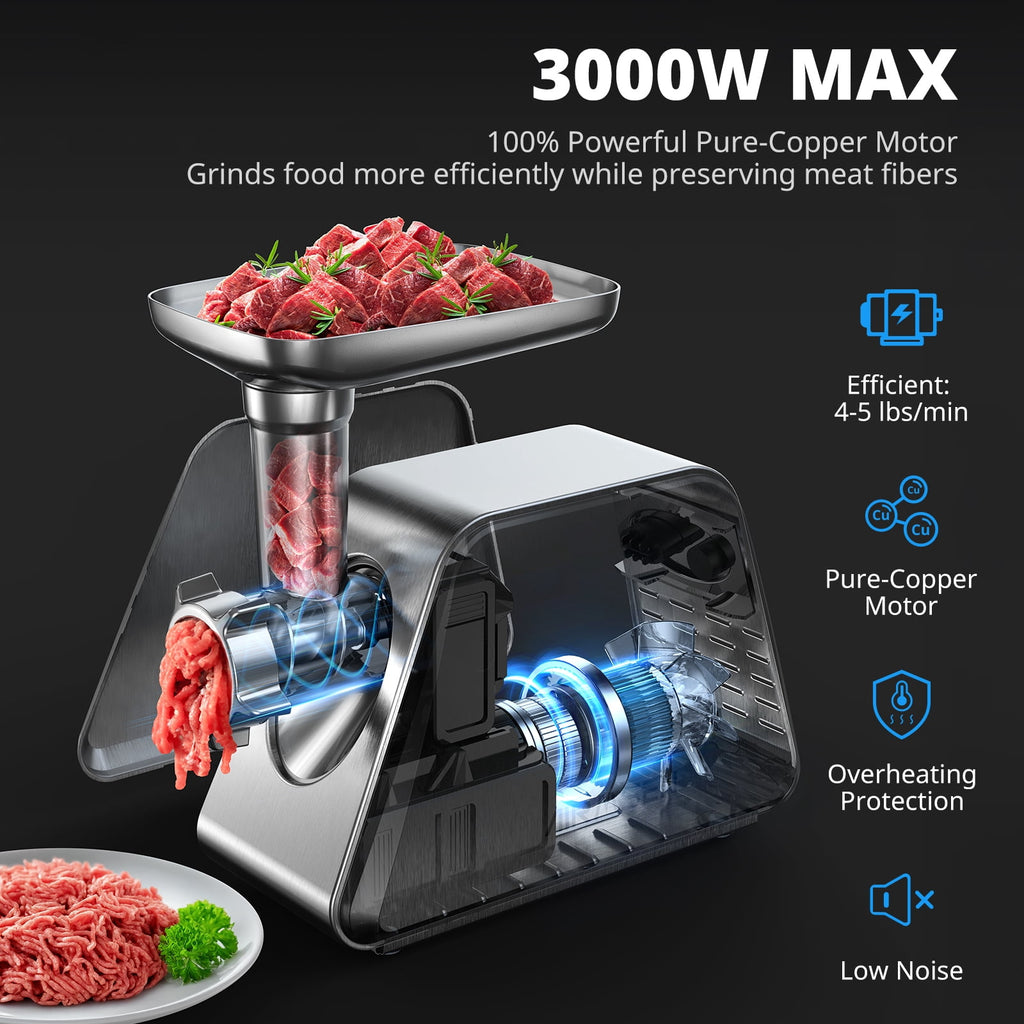 AIRMSEN Stainless Steel Meat Grinder, Electric 3 in 1 Meat Mincer with 2 Blades & 3 Plates, Sausage & Kubbe Maker Kit, Fixed Lock, Double Switch, Food Grinder for Home Kitchen Use