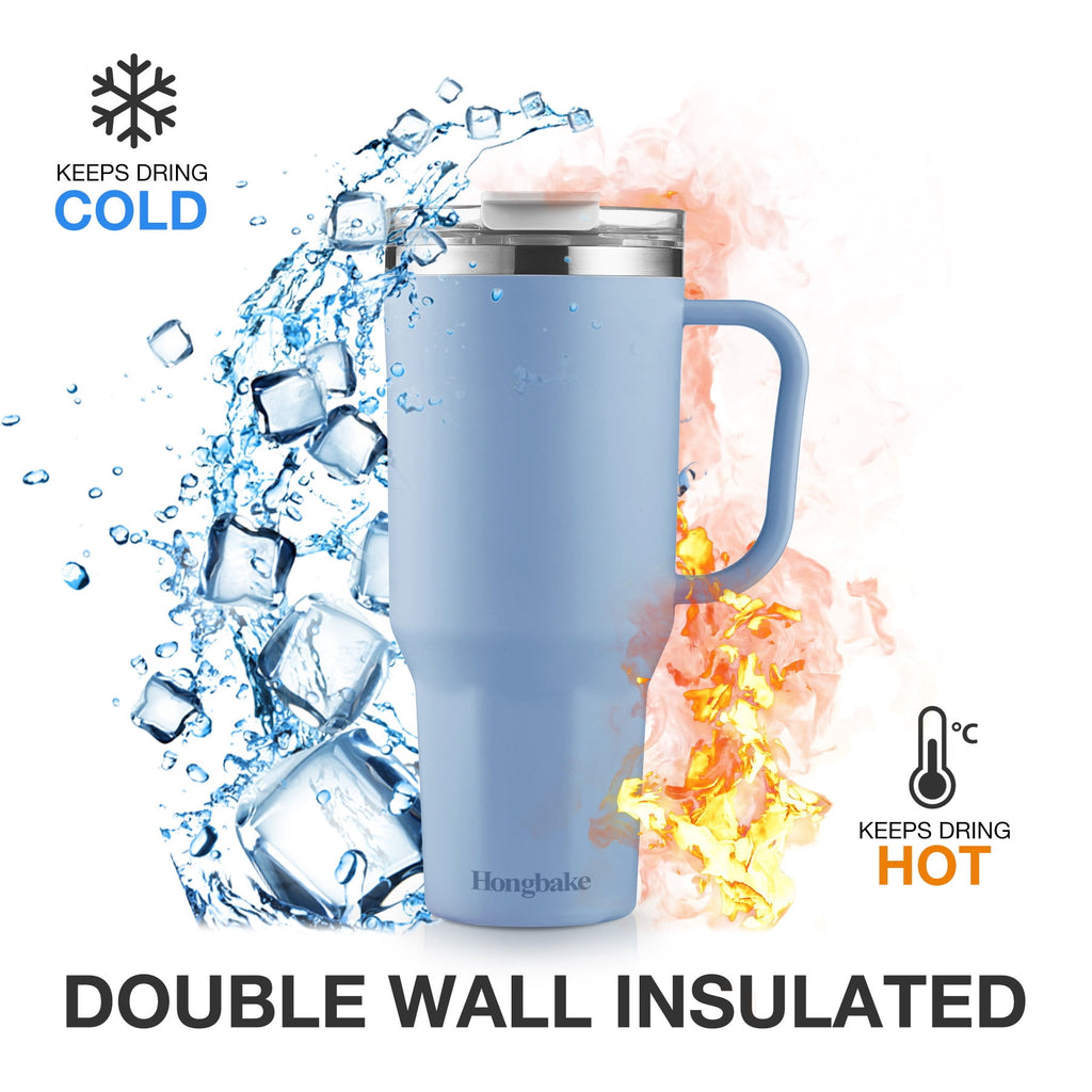 HONGBAKE 40 oz Tumbler with Handle and Straw Lid, Insulated Stainless Steel Tumbler, Travel Mug Fits Cup Holder, Dusty Lavender