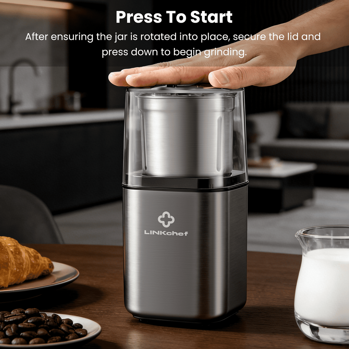 LINKChef Coffee Grinder, Coffee Bean Grinder, Spice Grinder with Stainless Steel Four Blades Perfect for Coffee Beans, Spice, Tea (Black)