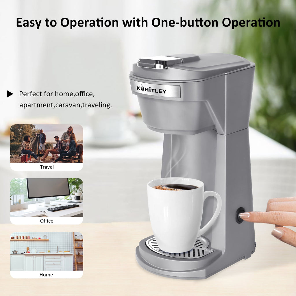 2 in 1 Single Serve Coffee Maker for K Cup Pods & Ground Coffee, Mini K Cup Coffee Machine with 6 to 14 oz Brew Sizes, Single Cup Coffee Brewer with One-Press Fast Brewing, Reusable Filters,Black