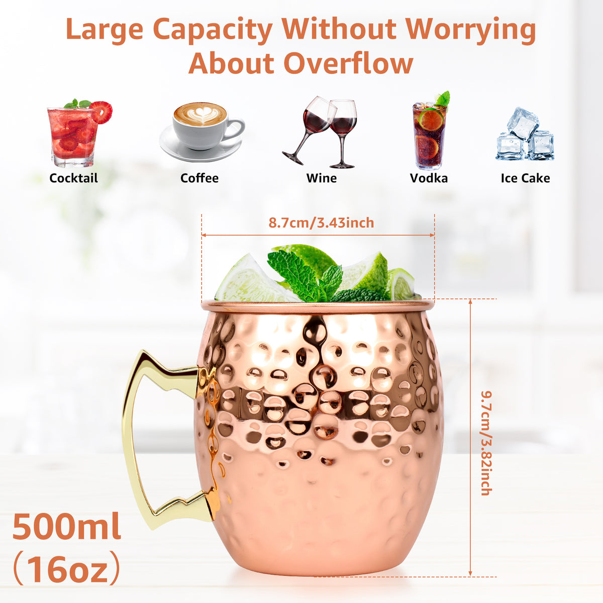 Jetcloudlive Moscow Mule Mugs Set of 2,16 oz Hammered Copper Cups with 304 Stainless Steel Lining and Gold Brass Handles,Perfect for Cold Drinks,Beer,Wine,Bars,Parties,Gifts