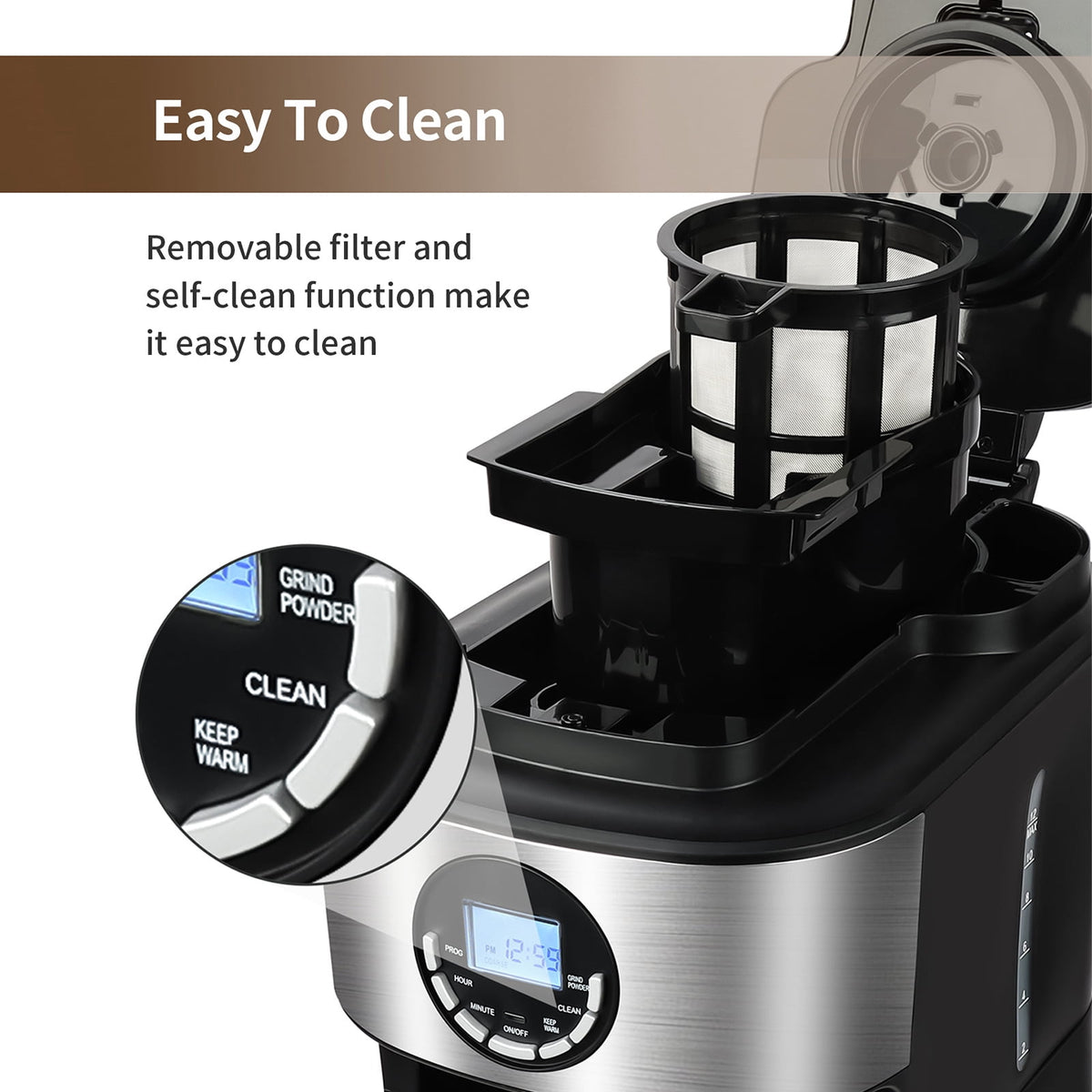 Kuhitley Coffee Maker with Grinder 12 Cups, Programmable Grind and Brew Coffee Machine with Warming Plate, Automatic Drip Coffee Pot with 60 oz Glass Carafe BPA Free, 950W, Black