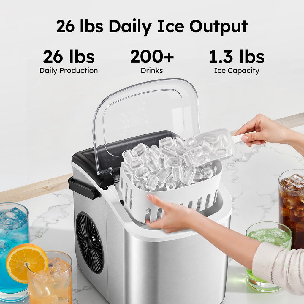 Simzlife Countertop Ice Maker, 26 Lbs/24H, 9 Bullet-Shaped Ice Cubes in 6 Minutes, Auto-Cleaning Ice Machine, Black