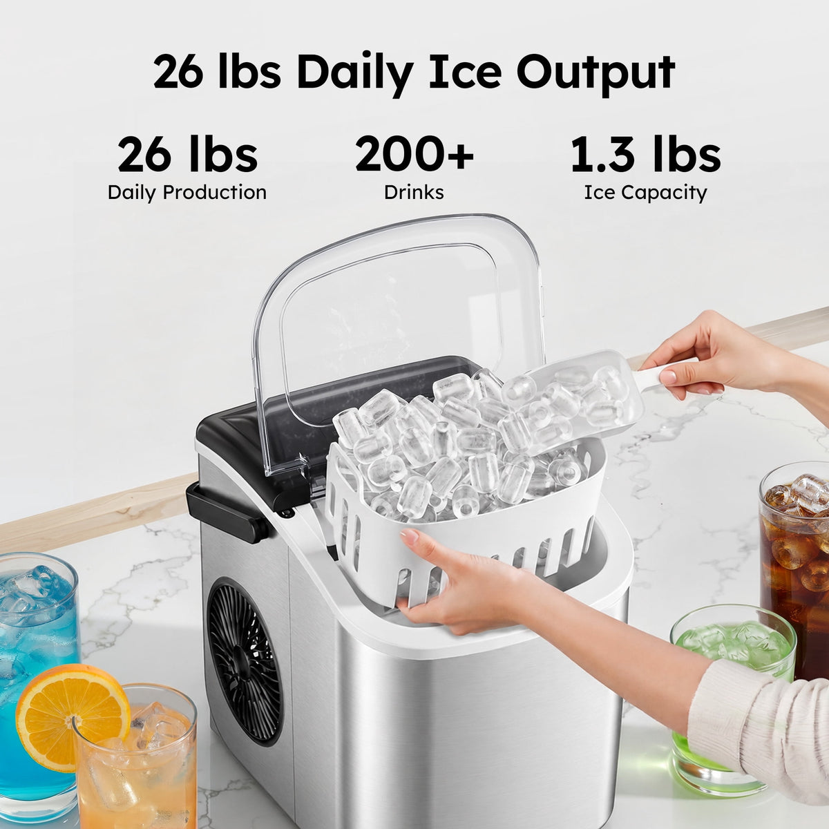 Simzlife Countertop Ice Maker, 26 Lbs/24H, 9 Bullet-Shaped Ice Cubes in 6 Minutes, Auto-Cleaning Ice Machine, Black