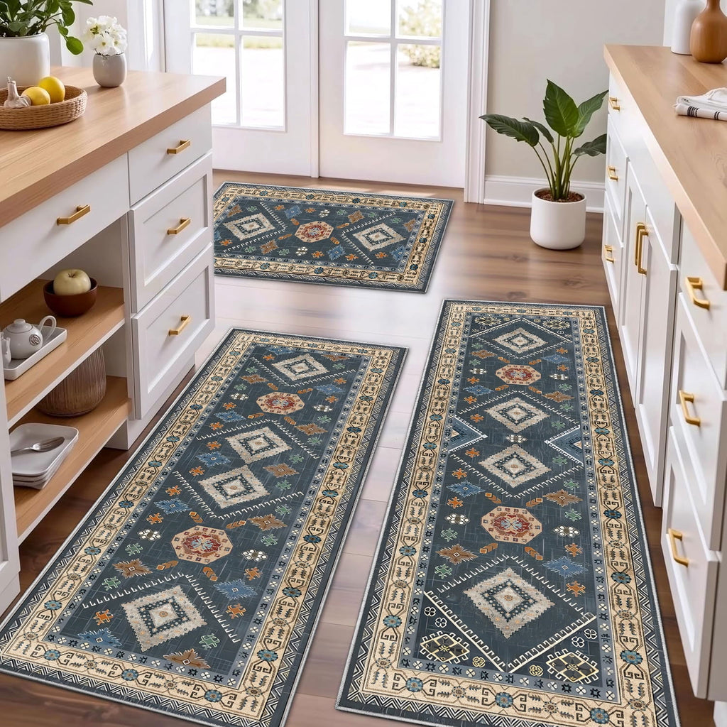 TECHVIDA Kitchen Rug Set 3 Piece,Non Slip Machine Washable Kitchen Mats, Farmhouse Hallway Doormat for Home Floor and Living Room,Gray