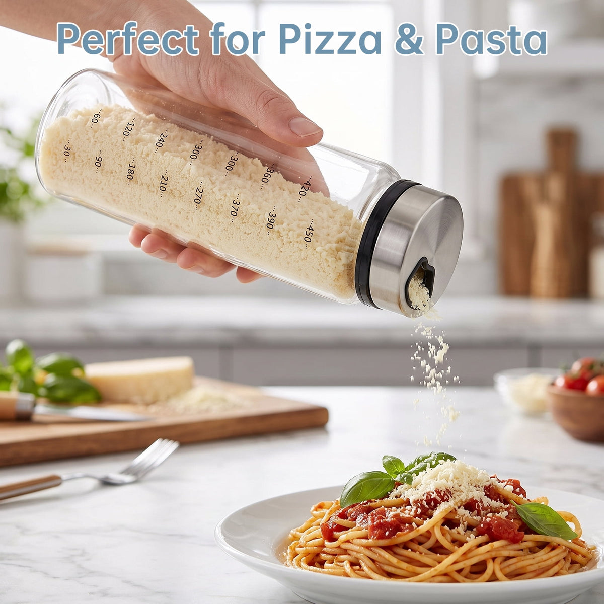 NiHome 2-Pack 10oz Spice Shakers with Adjustable Stainless-Steel Lids for Parmesan Cheese, Chili Flakes, Herbs, Salt, Pepper, Borosilicate Glass Seasoning Dispensers, Easy Refill and Dishwasher Safe