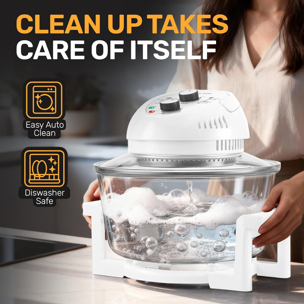 Granitestone 16Qt Large Glass Air Fryer Non Toxic – Family Sized Airfryer Cooker with 3 Cooking Levels, Stainless Steel Racks, Chicken, No Preheat, Self Cleaning, Dishwasher Safe, White