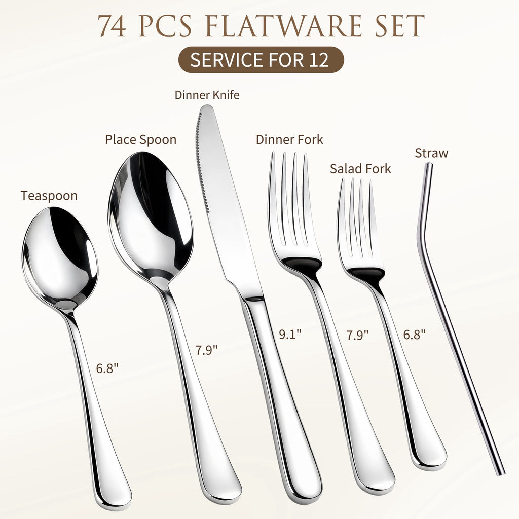 Kikcoin Silverware Set for 8, 49 Pcs Stainless Steel Flatware Set, Mirror Polished Tableware Cutlery for Home, Restaurant, Dishwasher Safe