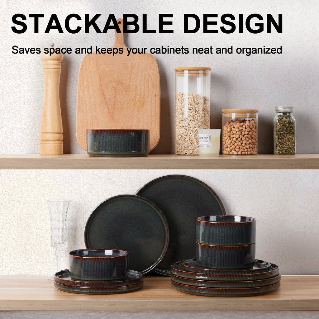 Vesteel 12 Pieces Dinnerware Set for 4, Premium Stoneware Ribbed Dishes, Chip & Scratch Resistant Plates and Bowls Set for Home Restaurant, Microwave and Dishwasher Safe - Speckled White