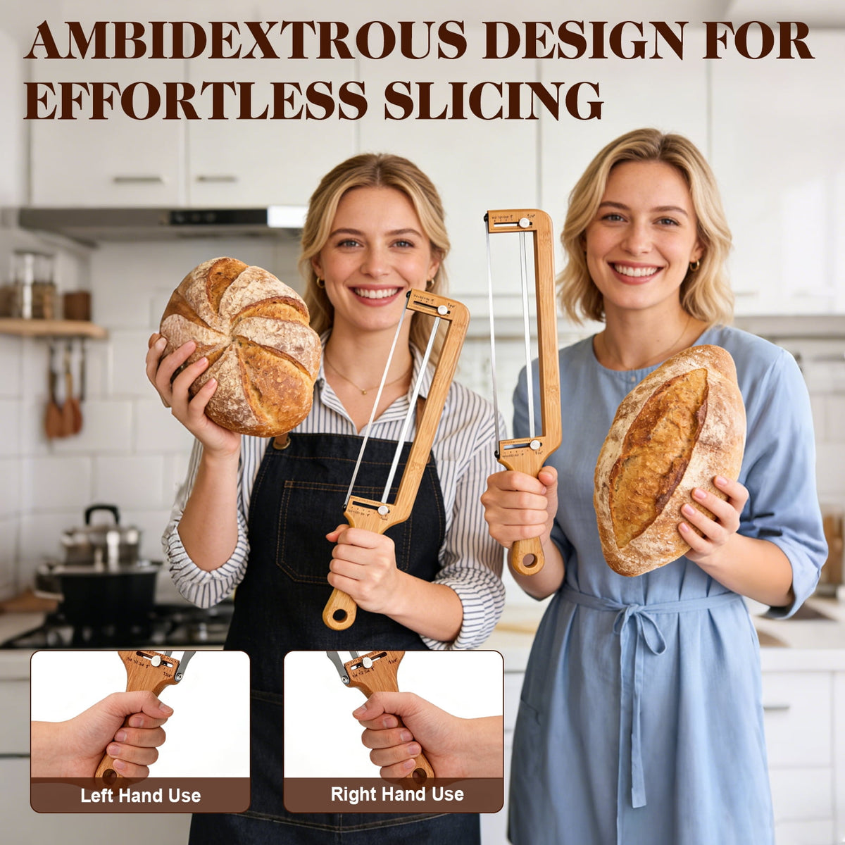 Adjustable Wooden Bread Slicer - Cutter with Thickness Guide for Sourdough & Baguette, Ambidextrous Gift for Home Bakers