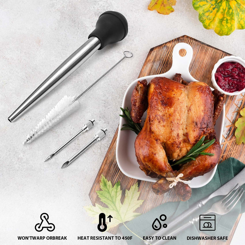 Turkey Baster Stainless Steel Set with Detachable Injector Needle & Cleaning Brush, Meat Injector Syringe for BBQ, Thanksgiving Cooking