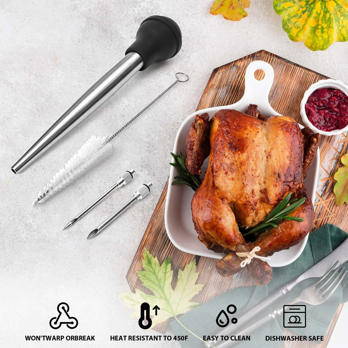 Turkey Baster Stainless Steel Set with Detachable Injector Needle & Cleaning Brush, Meat Injector Syringe for BBQ, Thanksgiving Cooking