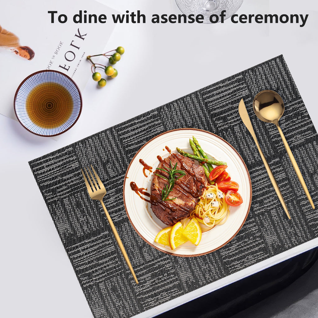 VCVCOO Navy Blue Placemats Set of 4 - Easy Clean Washable PVC Vinyl Placemats - Wipeable Heat Resistant Woven Table Mats for Dining Table - 12x18 inch