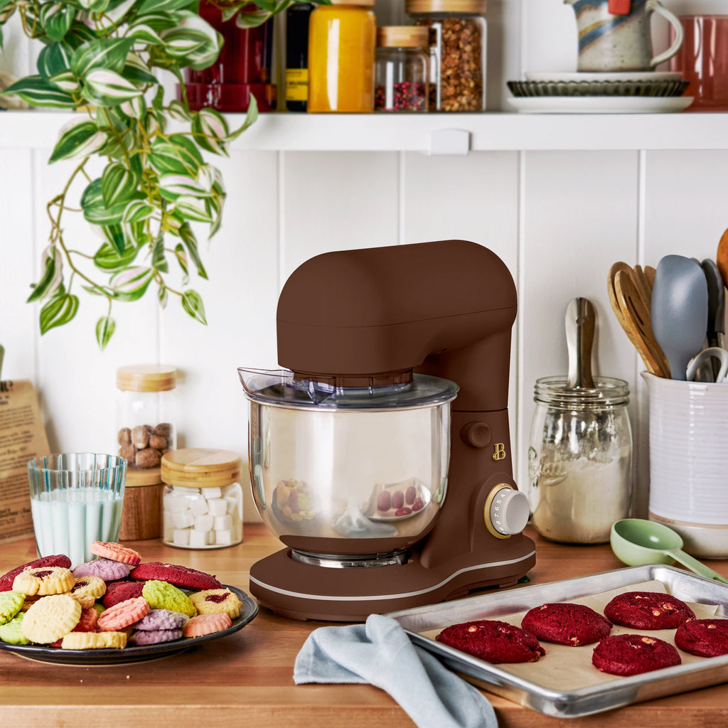 Beautiful 3.5 Qt Stand Mixer with Flat Beater, Dough Hook, Balloon Whisk, Chocolate by Drew Barrymore