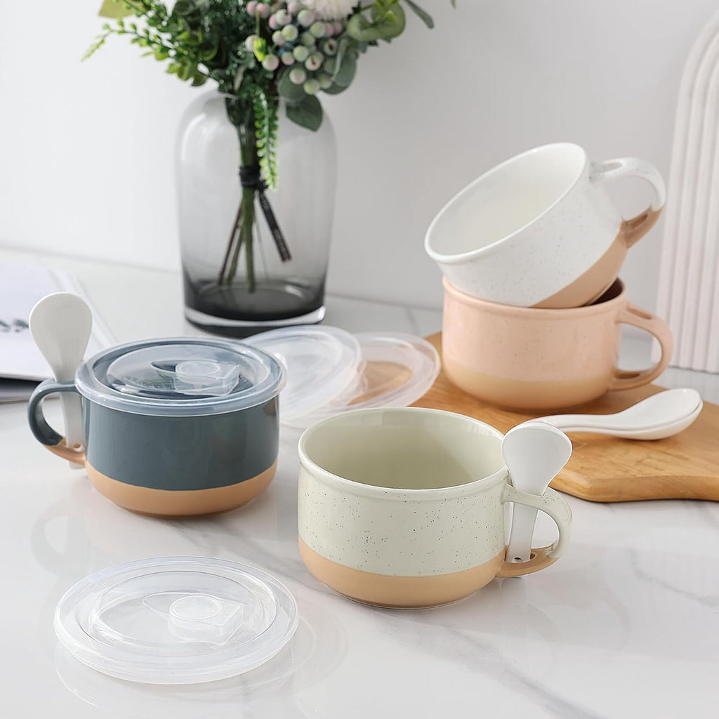 AmorArc Ceramic Soup Mugs with Handles and Lids,24 OZ Soup Cups Set of 2 with Terracotta Underside,Mug Bowls with Spoon for Soup/Cereal/Salad/Noodles/Ramen/Microware &Dishwasher Safe-White &Peach