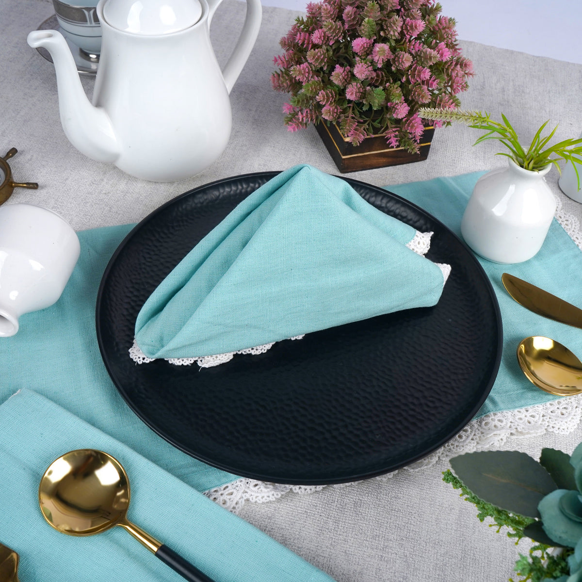 Fingercraft Cloth Napkin, Soft Quality Cotton Linen Blend Fabric, Dinner Napkins with Premium White Lace, 6 Pack, 20”x20” Aqua