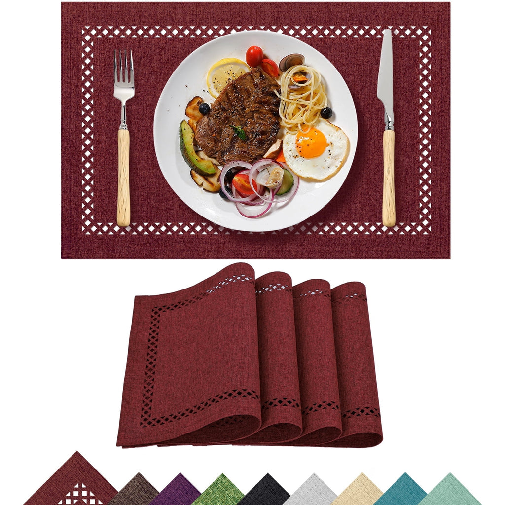Placemats Set of 4, Yamaziot Double Layer Cloth Fabric Heat Resistant Place Mat, Washable Reversible Rectangle Dining Table Mats, Hollow Khaki, 12"x18"