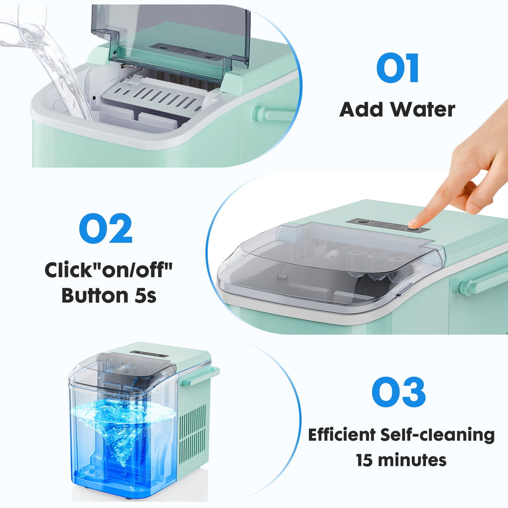 EDX Countertop Ice Maker, Self-Cleaning Portable Ice Maker Machine with Handle and Ice Scoop, Bullet Ice Cubes, 9Pcs/6Min 26.5Lbs/24H for Home/Kitchen/Bar/Party, Green