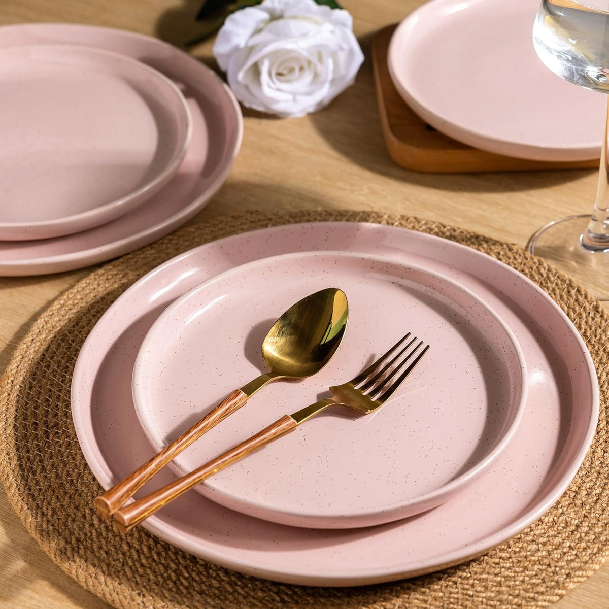 AmorArc Ceramic Dinnerware Sets for 4, 12 Pieces Handpainted Plates and Bowls Set with Rustic Terracotta Underside, Scratch Resistant Stoneware Dishes Set, Dishwasher & Microwave Safe,Light Beige
