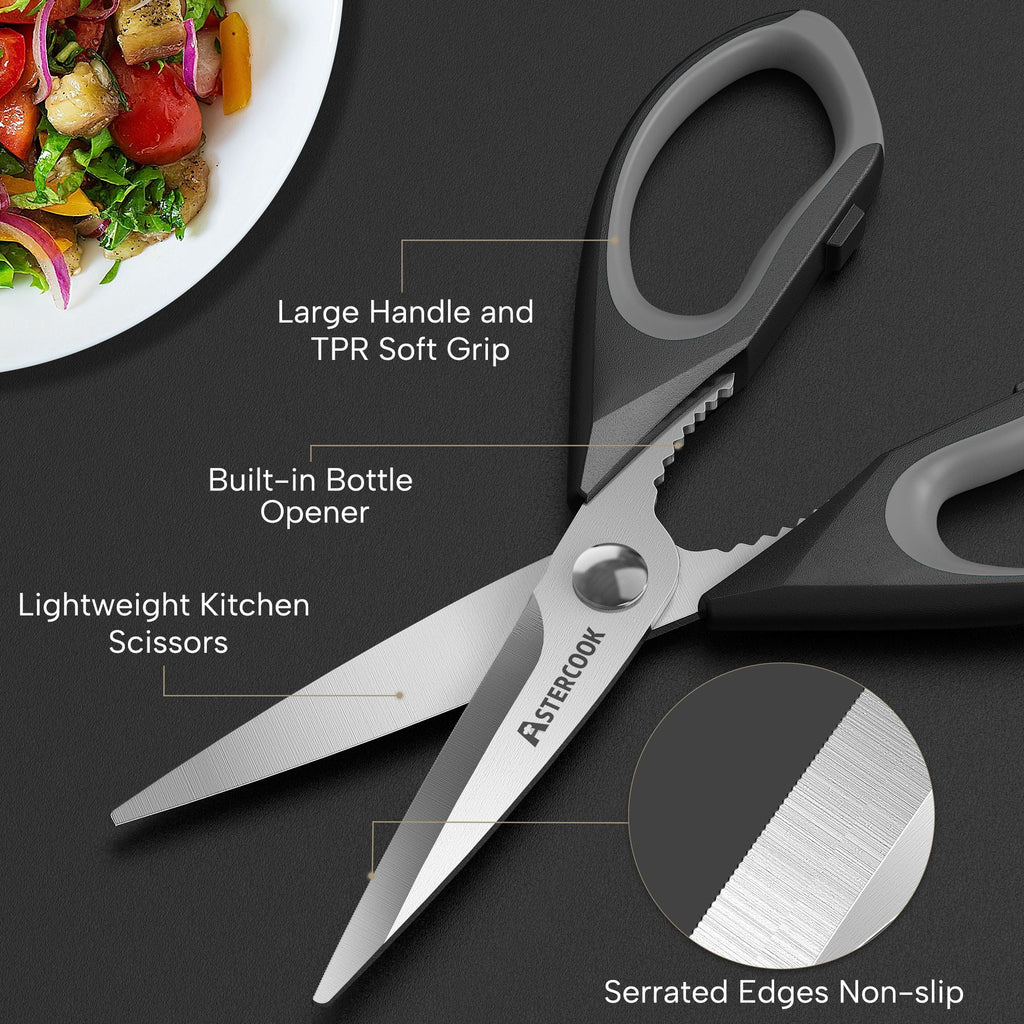 Astercook 2 Pcs Kitchen Scissors, Heavy Duty Shears with Serrated Blade, Ergonomic Handle Food Scissor for Poultry, Herbs, Vegetables Dishwasher Safe