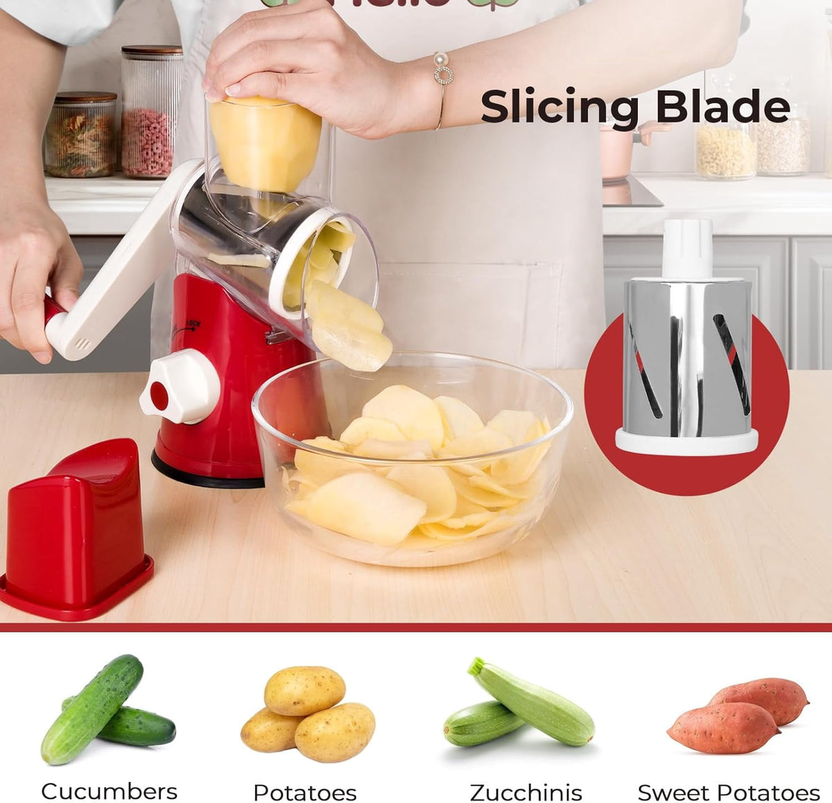 Premium Rotary Cheese Grater, Manual Cheese Grater for Kitchen, Handheld Vegetables Slicer Cheese Shredder with Rubber Suction Base, 3 Stainless Drum Blades Included,Blue