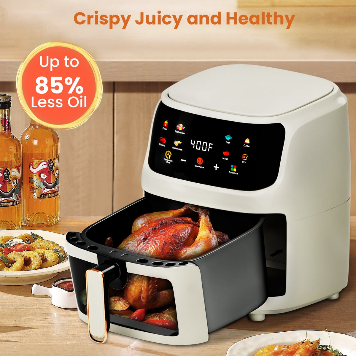 Bluebow Air Fryer Large 7.5QT, 8-in-1 Digital Touchscreen, Visible Cooking Window, 1700W, Cream White
