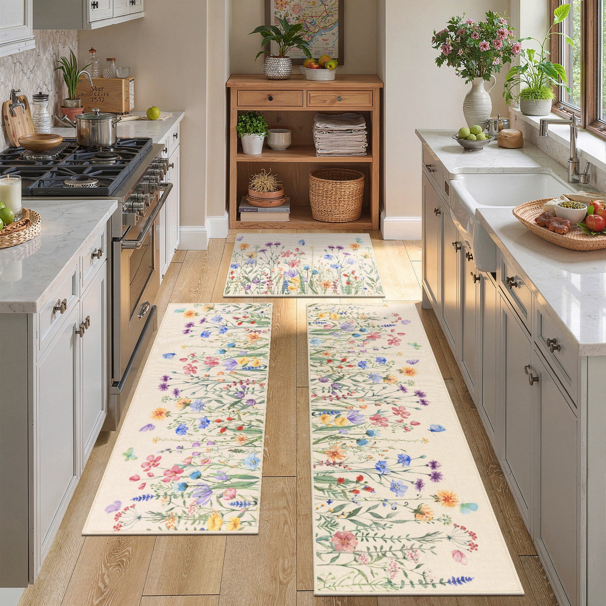 Findosom Floral Non-Slip Kitchen Rugs Set of 3,Washable Kitchen Mat Farmhouse Kitchen Floor Mats Runner for Home Sink Entrance Laundry Hallway,20"x32"+20"x47"+20"x59" Beige