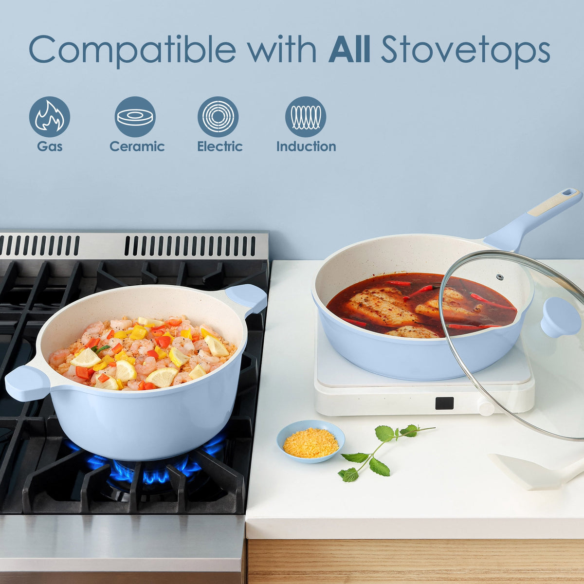 SENSARTE Ceramic Nonstick Pots and Pans Set, 10Pcs Healthy Non Stick Cookware Set with Pots Protectors, Induction Kitchen Cookware Sets, Dishwasher Safe White