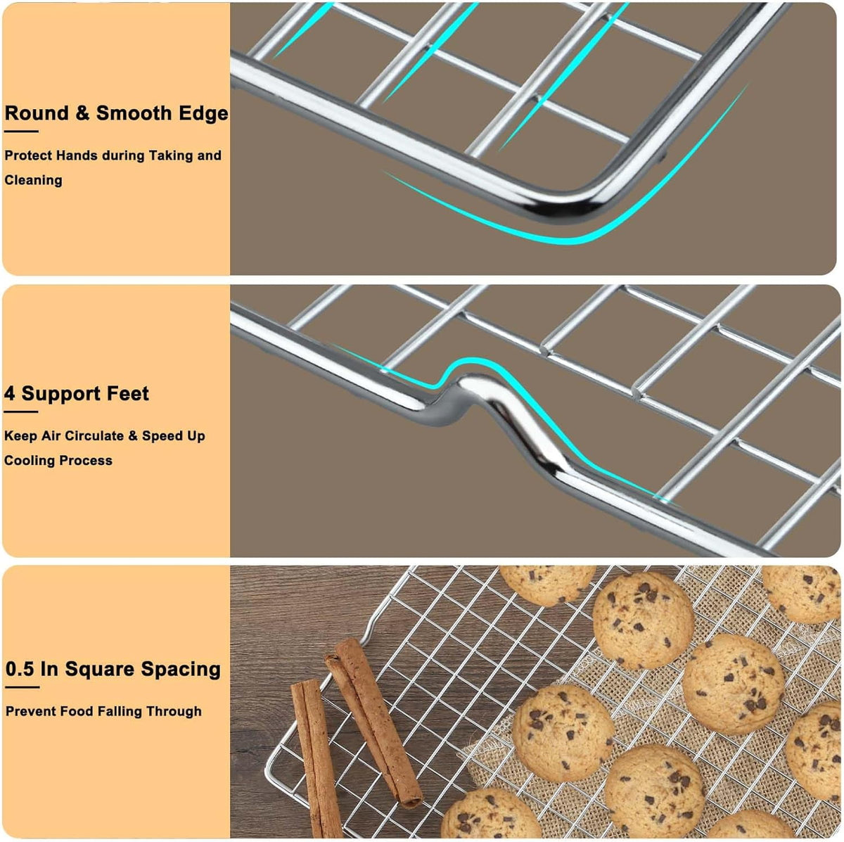 Mirdinner 3P Cooling Rack for Baking, 15.8"×9.8" Stainless Steel Baking Rack, Oven Safe Black Roasting Rack & Wire Rack & Cookie Cooling Rack for Cooking, Roasting, Grilling, Drying