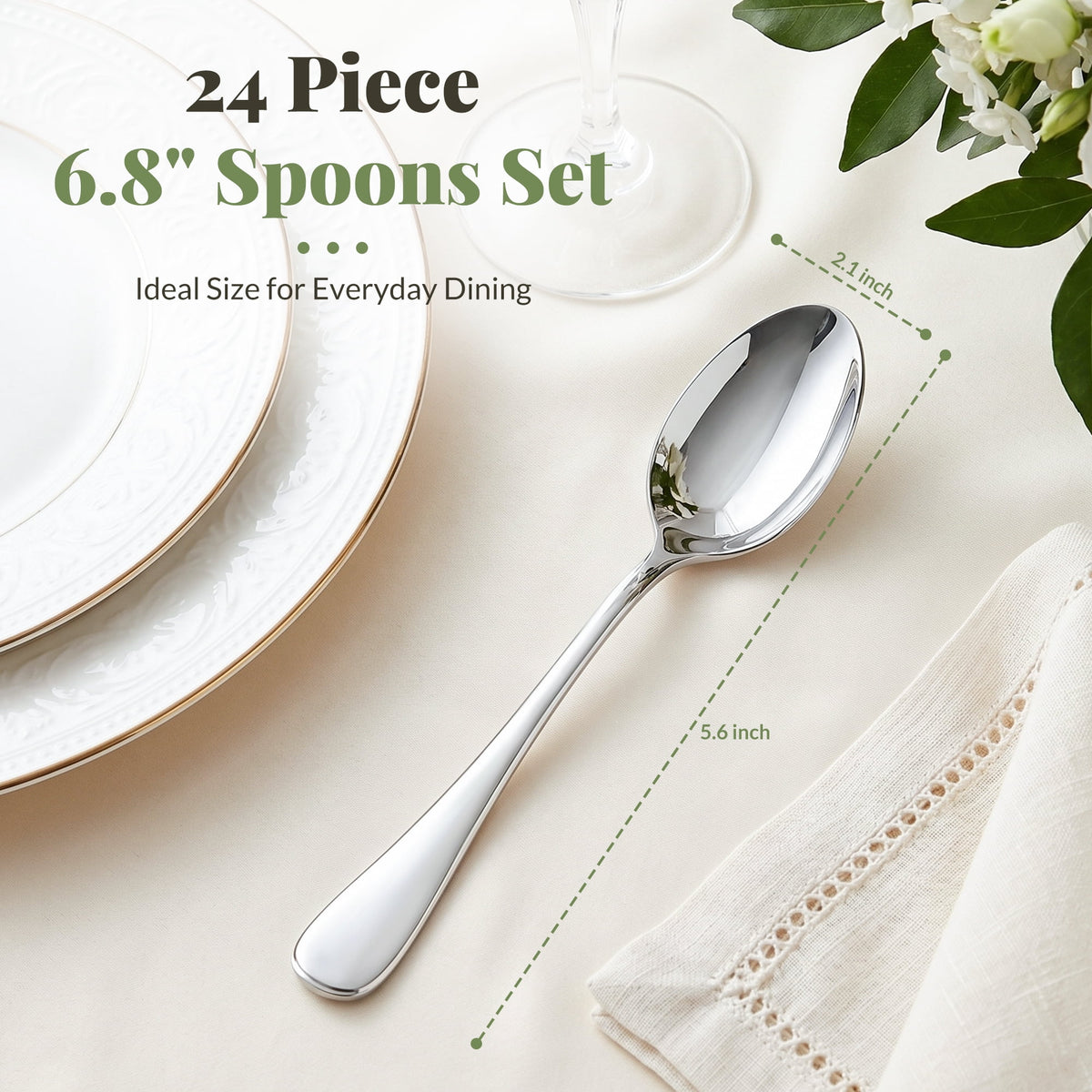 Astercook 24-Piece Dinner Spoon Set, 6.8'' Premium Food-Grade Stainless Steel Tablespoons Silverware, Mirror Polished & Dishwasher Safe Teaspoons, Heavy Duty Flatware for Kitchen, Restaurant & Party