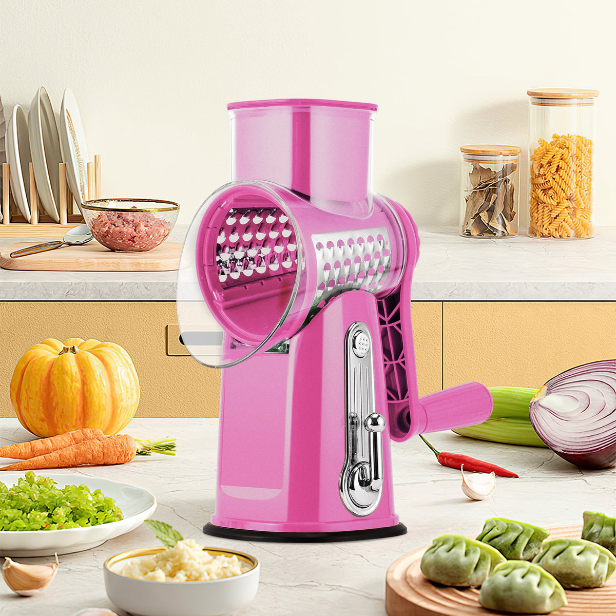 Pukomc Rotary Cheese Grater with Handle- 5 Blades, Suction Base, Mandoline Slicer & Veg Shredder with Blade Storage Box(Green)