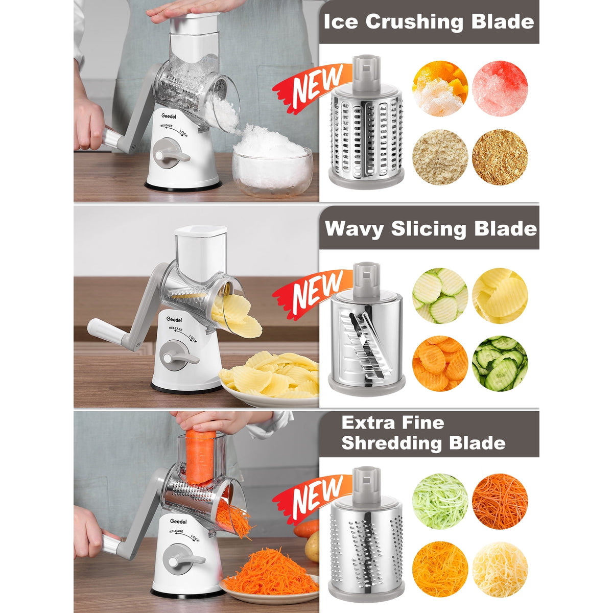 Geedel Rotary Cheese Grater, Kitchen Grater with Strong Suction Base, Dishwasher Safe, Easy to Clean Grater for Cheese,Vegetable, Nuts (3 Blades)