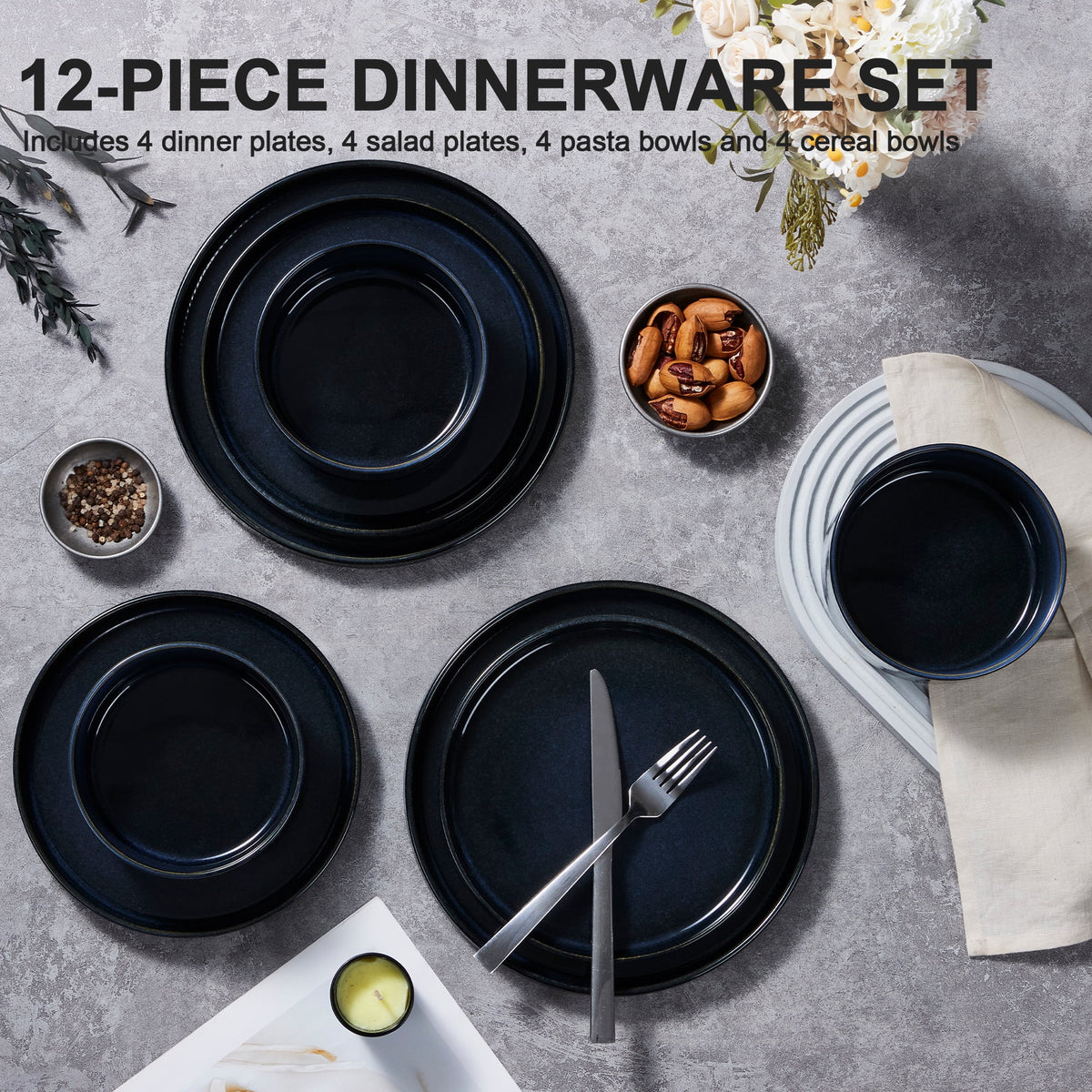 Vesteel 12 Pieces Dinnerware Set for 4, Premium Stoneware Ribbed Dishes, Chip & Scratch Resistant Plates and Bowls Set for Home Restaurant, Microwave and Dishwasher Safe - Speckled White